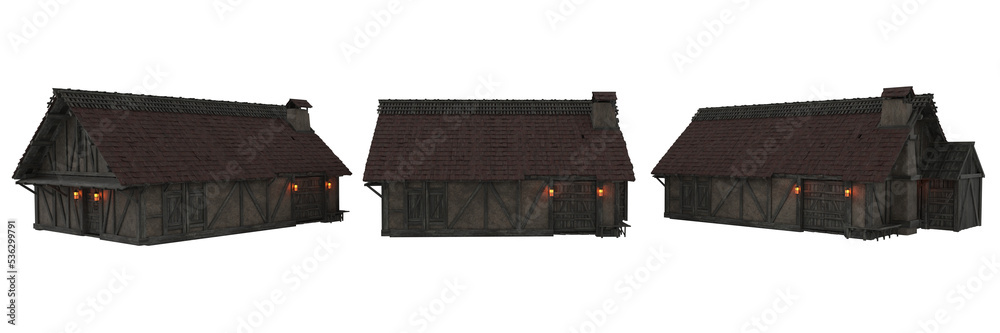 Poster old medieval stone and wooden framed house in evening with lamp lights. 3d rendering, 3 views isolat