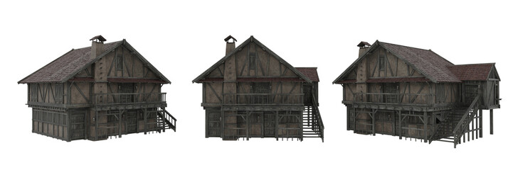 Medieval stone and wooden framed house. 3D illustration, 3 views isolated.