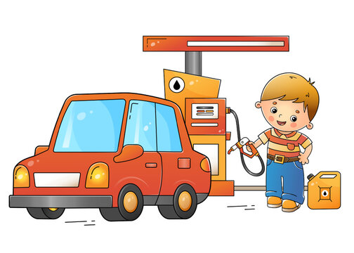 Cartoon red passenger car or machine with driver on petrol station. Images transport or vehicle for children. Colorful vector illustration for kids.