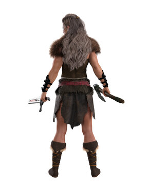 Tall strong Viking warrior woman holding sword and bearded axe facing away. 3D illustration isolated.