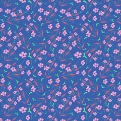 Seamless pattern of kobi, pearly purple, medium spring green color flowers , leaves and vines on denim background. textile floral pattern, fabric print, wallpaper, wall art etc.