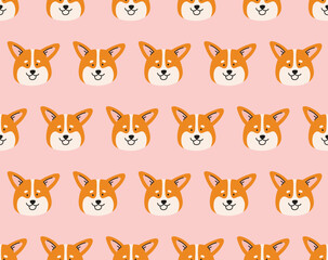 Seamless pattern of a welsh corgi dog head. Hand-drawn dog in a contemporary flat style. Cartoon animal, pet, purebred dog. Geometric pattern background.