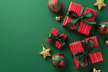 Christmas presents concept. Top view photo of gift boxes with ribbon bows red green gold baubles...