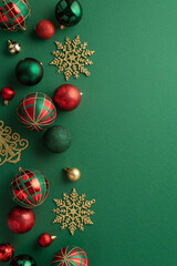 Christmas decorations concept. Top view vertical photo of snowflake ornaments gold green and red...