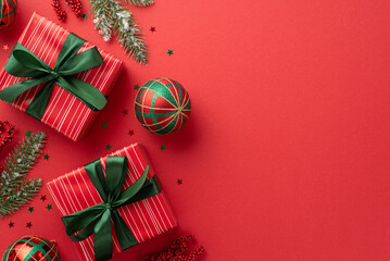 New Year celebration concept. Top view photo of red gift boxes with green ribbon bows baubles...