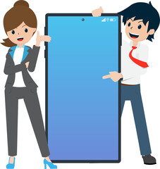 Salary man Pointing to Mobile Phone about Covid Coronavirus Vaccine Registration