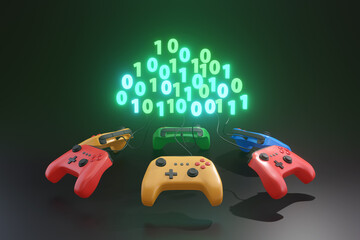 Colorful game controllers connecting to a binary digital cloud. Illustration of the concept of cloud computing, cloud gaming and consoleless gaming era © Dragon Claws