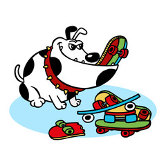 Funny dog eating some skateboards, illustration