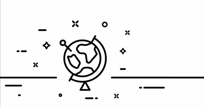 Geography. Globe with pointer, world, orbit, axis, equator, earth, sphere, geolocation, universe. Topography concept. One line drawing animation. Motion design. Animated technology logo. Video 4K