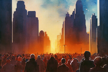 Watercolor illustration of a crowded street in the sunset light. - 536301531