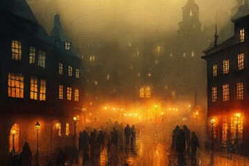 Rainy evening in an old town. Foggy square with people walking, evening lights. Watercolor painting - 536301535