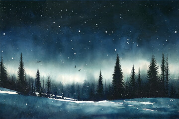 Watercolor painting of a forest in the night. Winter, snow, silhouettes of the trees.