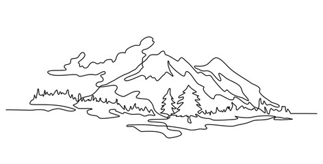 Mountain and Forest with a Сloud Continuous Line Drawing Winter Mountain Peaks Snow Landscape One Line Drawing  Vector Illustration Isolated on a white Background