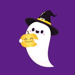 Happy halloween party greeting card with cute ghost. Holidays cartoon character. Trick or treat design with cute pumpkin. Halloween funny cartoon.