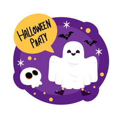 Happy halloween party greeting card with cute ghost. Holidays cartoon character. Trick or treat. Halloween funny cartoon.