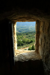 View through the old window of Sokol grad to the Konavle area in Croatia