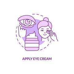 Apply eye cream purple concept icon. Dark circle removal. Skincare routine abstract idea thin line illustration. Isolated outline drawing