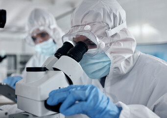 Hazmat suit scientist, microscope and laboratory research analysis, dna test and vaccine...