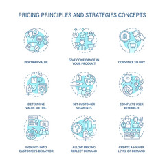 Pricing principles and strategies turquoise concept icons set. Convince to buy idea thin line color illustrations. Isolated outline drawings