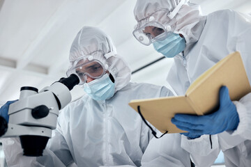 Scientists hazmat suit, microscope and laboratory research planning, dna test and corona virus...