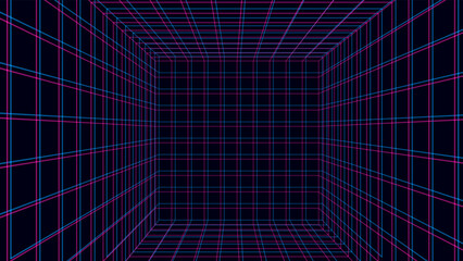 Wireframe room on the violet background. Vector perspective grid. Box with digital space.