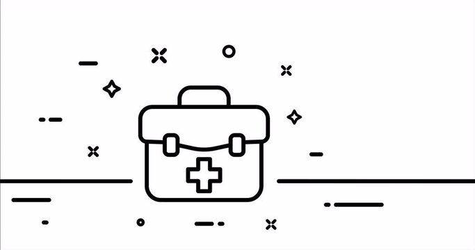 First aid kit. Prescription, paramedic, cross, doctor, ambulance, emergency, treatment, consultation. Healthcare concept. One line drawing animation. Motion design. Animated technology logo. Video 4K