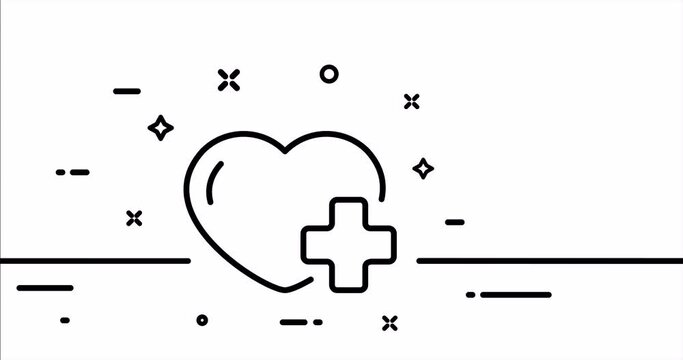 Heart with cross. Treatment, prescription, treat, patient, cardiology, ECG, pulse. Healthcare concept. One line drawing animation. Motion design. Animated technology logo. Video 4K