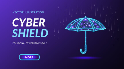 Umbrella protect, 3d cyber shield. Landing page. Abstract rain security, life defence object, futuristic assurance. Information or network protection. Wireframe design. Vector digital concept