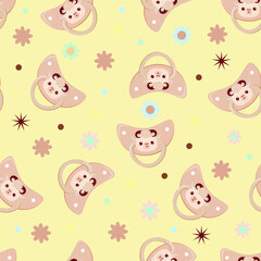 Seamless children's pattern on a yellow background. A dummy with a lamb. Pacifier for children