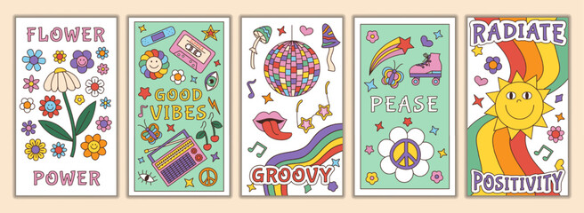 Fototapeta na wymiar Retro groovy posters. Cute chamomile and daisy flowers and mushrooms, psychedelic hippy banners. 70s love power collection, summer sun and heart cards. Vector cartoon good vibes prints