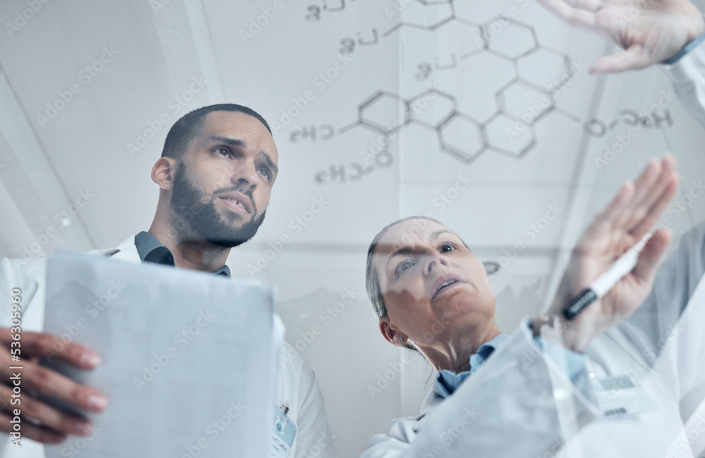 Poster scientist team, science and chemistry formula on glass board while solving or discuss experiment or 