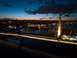 Halic Metro Bridge in the Sunset Drone Photo, Galata Beyoglu, Istanbul Turkey