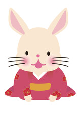 年賀状用素材　挨拶をする和装着物の白いかわいいウサギのイラスト　卯年　うさぎ年　白背景