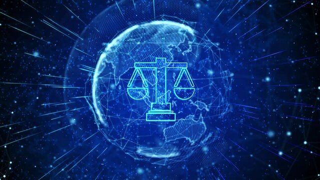 Justice Digital Global Technology World Network connections Loop background. Services of a lawyer, attorney or notary. Law and protection of business interests in court. justice, law judgement concept