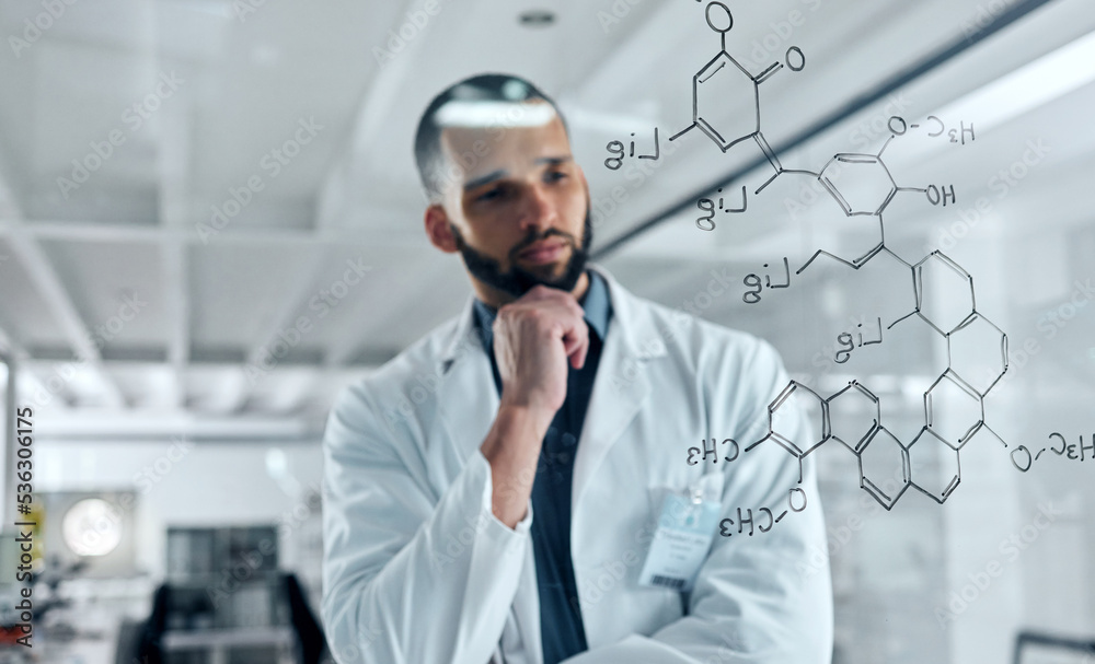 Poster science, research and dna with a man engineer or scientist working on glass in a laboratory for inno