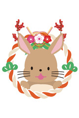 年賀状素材　干支のかわいい茶色のウサギと正月のしめ縄飾りの組み合わせのイラスト　十二支