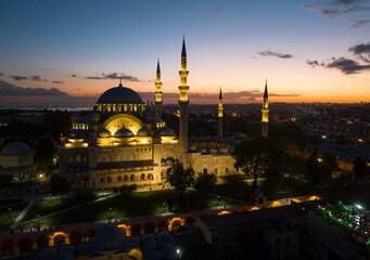 Fototapeta premium Suleymaniye Mosque in the Sunset Time Drone Photo, Fatih Istanbul, Turkey