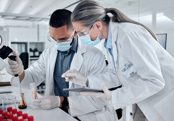 Science team, blood sample and dna analysis, laboratory research and medical investigation....