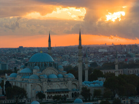 Suleymaniye Mosque in the Sunset Time Drone Photo, Fatih Istanbul, Turkey