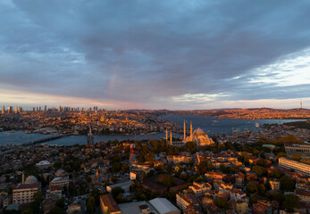 Fototapeta na wymiar Suleymaniye Mosque in the Sunset Time Drone Photo, Fatih Istanbul, Turkey