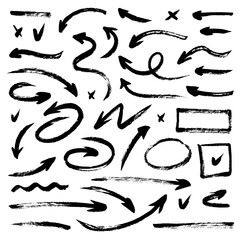 Set of different hand drawn grunge texture arrows, brush strokes