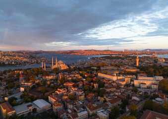 Suleymaniye Mosque in the Sunset Time Drone Photo, Fatih Istanbul, Turkey