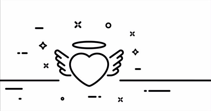 Heart with wings and halo. Angel, love, marriage, wedding, couple, family, sacred, holy alliance. Relationships concept. One line drawing animation. Motion design. Animated technology logo. Video 4K