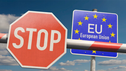 Grenzkontrollen - Schlagbaum mit Stop-Schild und Hinweisschild "EU European Union"