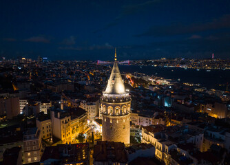 Fototapeta na wymiar Galata Tower in the Sunset Lights Drone Photo, Galata Beyoglu, Istanbul Turkey