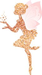 Gold sparkling fairy silhouette. Illustration of a ballet dancing fairy in the cartoon style. 