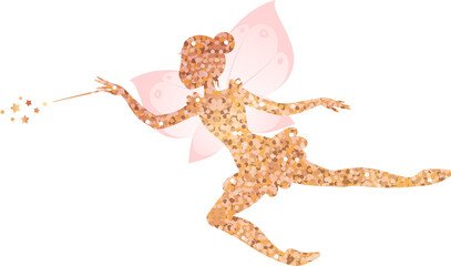Gold sparkling fairy silhouette. Illustration of a ballet dancing fairy in the cartoon style. 