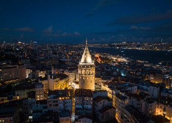 Galata Tower in the Sunset Lights Drone Photo, Galata Beyoglu, Istanbul Turkey