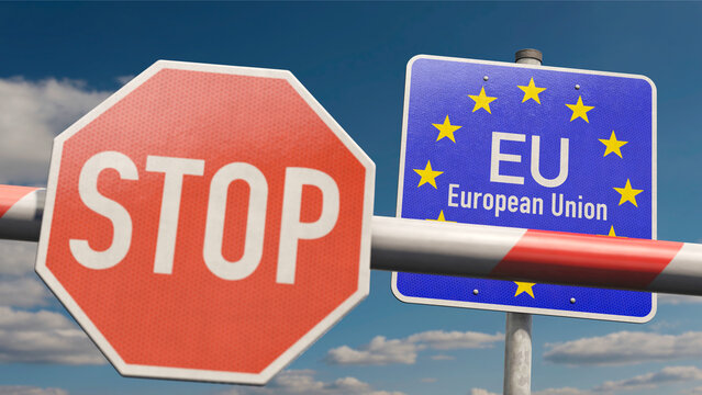 Grenzkontrollen - Schlagbaum mit Stop-Schild und Hinweisschild "EU European Union"