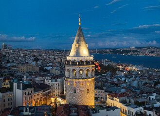 Fototapeta premium Galata Tower in the Sunset Lights Drone Photo, Galata Beyoglu, Istanbul Turkey